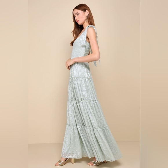 Lulus Picturesque Allure Sage Green Jacquard Tie-Strap Maxi Dress Wedding Party - Picture 3 of 9